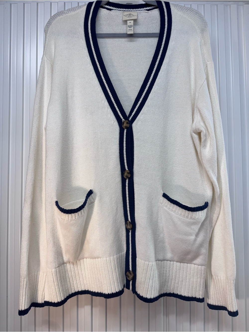 St John’s Bay V-Neck Cardigan with Navy Trim Size Xl